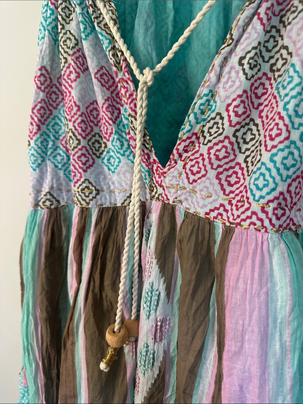 NJ Couture Boho Maxi Festival Dress With Metallic, Rope, Wooden Accents, S/M - Picture 2 of 5